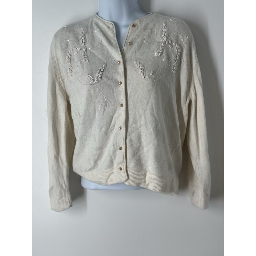 1950s Ivory Cardigan Pear Beaded Wedding Bridal Honeymoon Wool Sweater 50s VTG